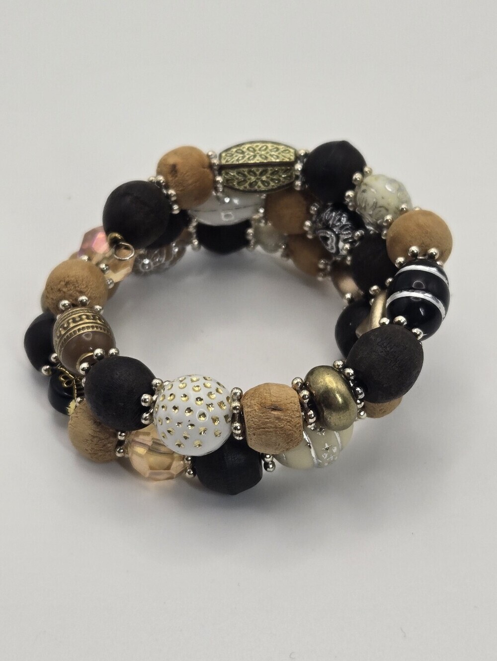 Wood And Glass Bead Wired Stack Bracelet Boho Earthy Handmade Artisan